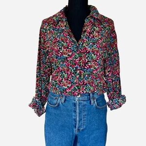 1990s Floral Print Relaxed Button Front Blouse- M - Vintage Express